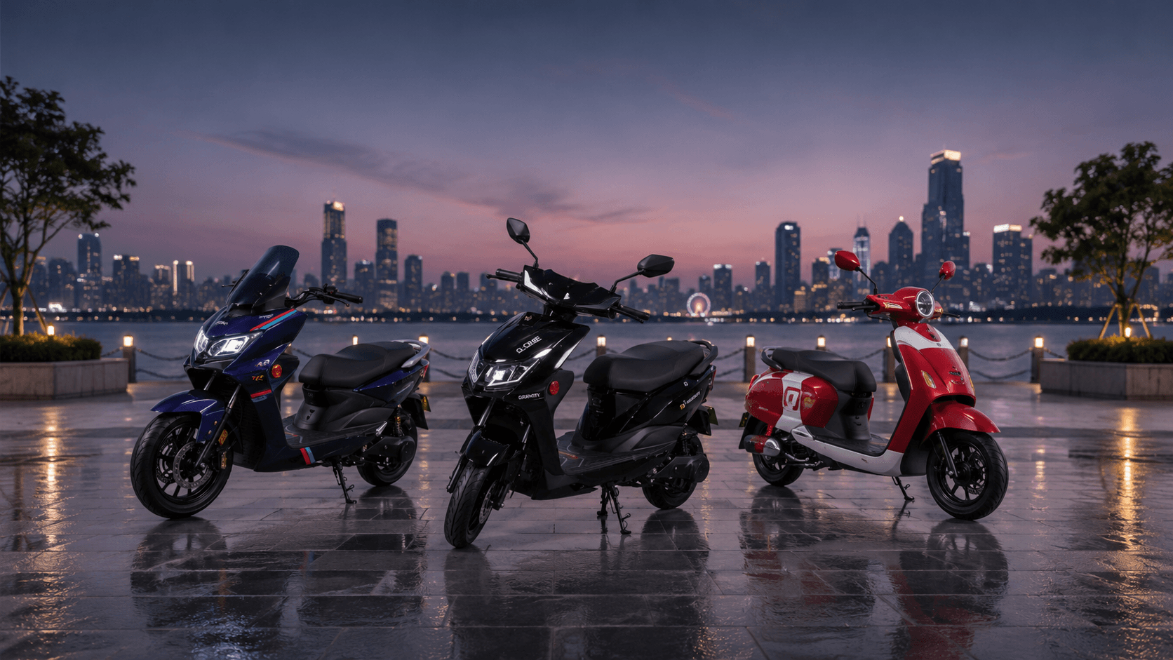 Electric scooters from The EV World parked by the waterfront at dusk