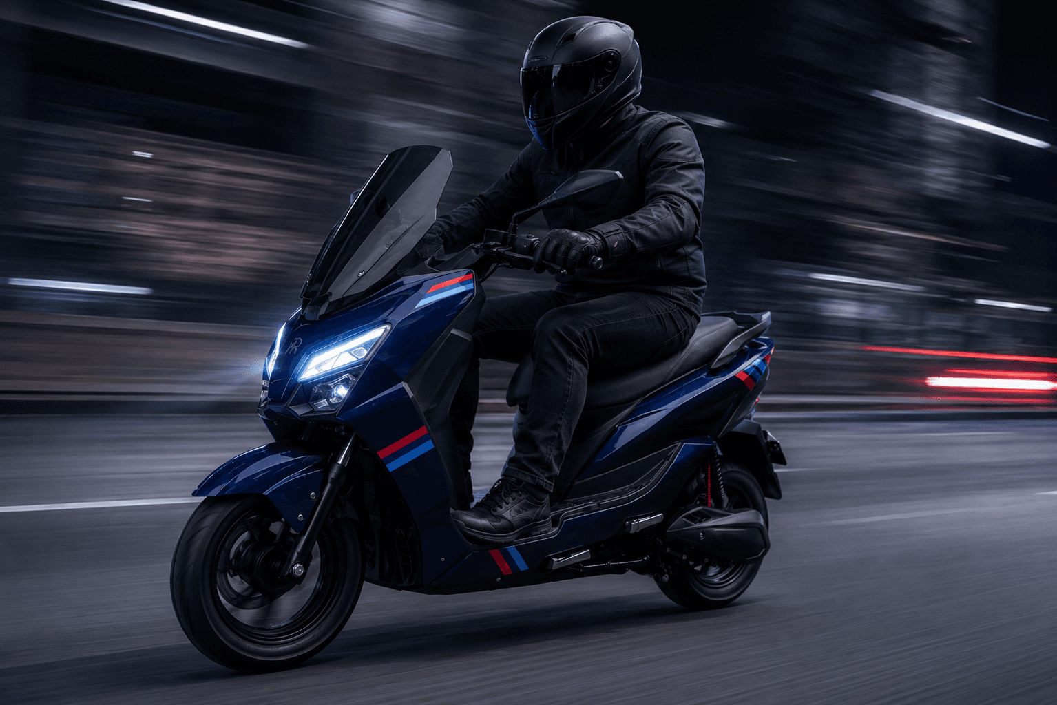 A rider on an electric scooter riding at speed through a city street at night