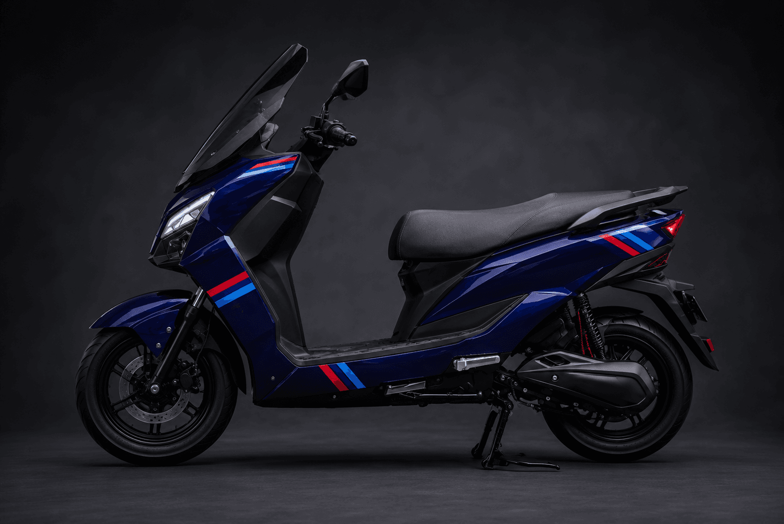 Side profile of an electric scooter in dark blue, showing off its styling