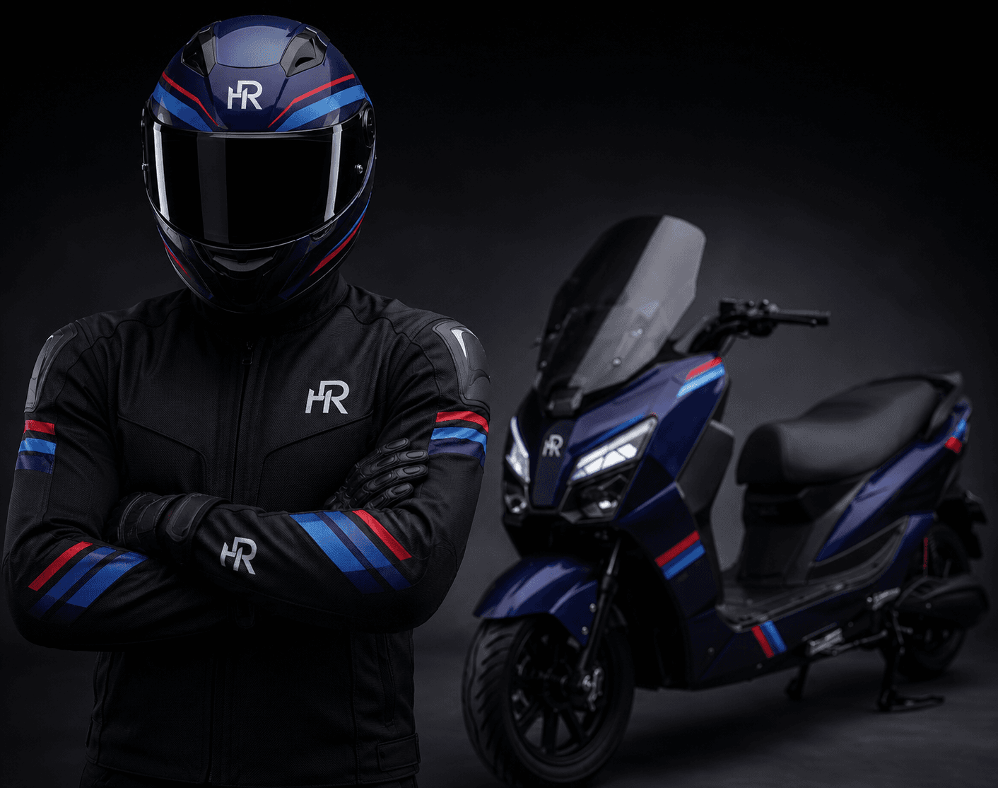 A rider in EV World branded riding gear standing beside an electric scooter