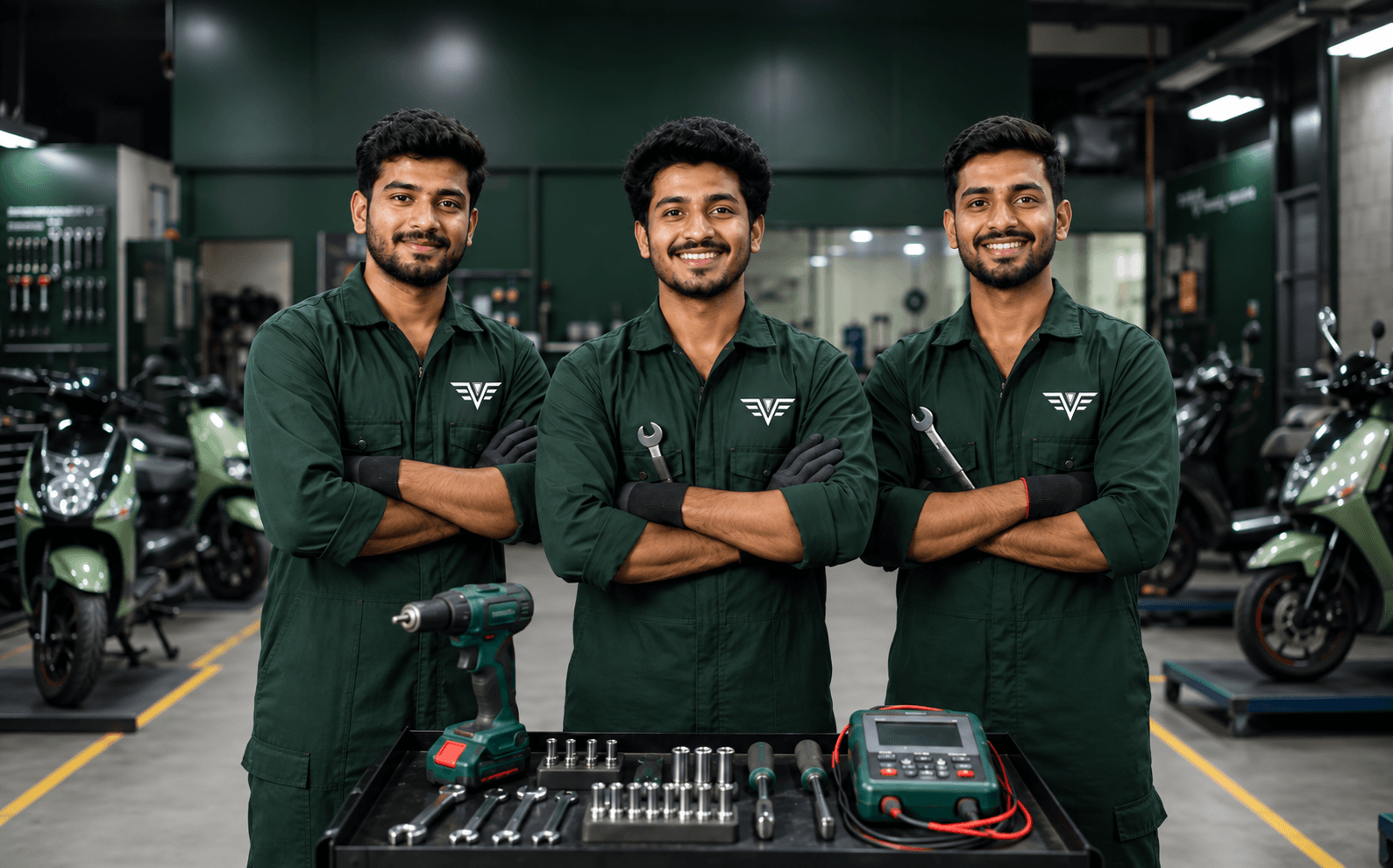 The EV World service technicians with diagnostic and repair tools in the workshop